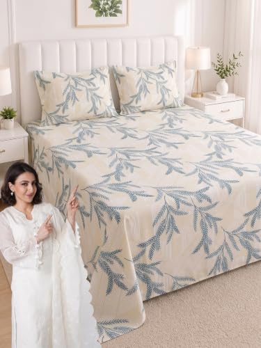 Image of Mafatlal King Size Bedsheet, Beige with Blue Leaf Print, 186 TC Metro Cotton, 108 x 108 Inch, Soft & Breathable, with 2 Pillow Covers | Cream Blue 2