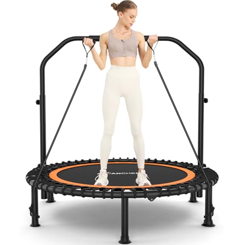 Image of ANCHEER 48 inch Foldable Mini Trampoline,Max Load 550lbs Indoor Trampoline,with 4 Level Adjustable Foam Handle and Resistance Bands,Adult Exercise Trampoline for Home, Garden, and Gym Dark Orange