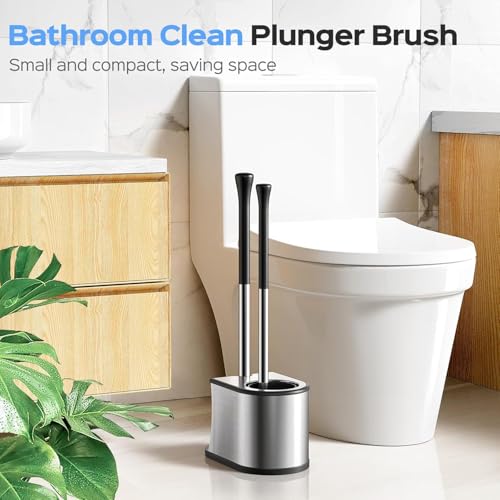 Image of HAMITOR Toilet Plunger and Brush Set: 2 Pack 2 in 1 Stainless Steel Rustproof Combo with Curved Bristles - Heavy Duty Toilet Unclogging for Family Bathroom - Compact Apartment Cleaning Accessories