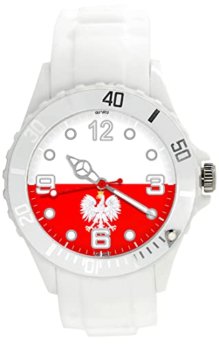TAPORT® Montre à quartz en silicone blanc pour les fans du drapeau de la Pologne, blanc, Sangle