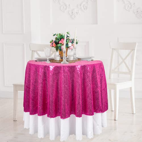 ShinyBeauty Hot Pink Sequin Tablecloth, 120 Inch Round Sparkling Overlay