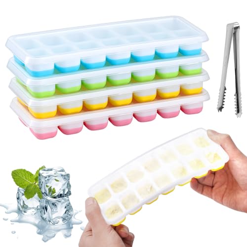 4 Pcs Ice Cube Tray with Lid, Silicone Trays with 14 Compartments, Reusable Moulds for Freezer, No-Spill Removable Cover, Easy-Release, BPA Free