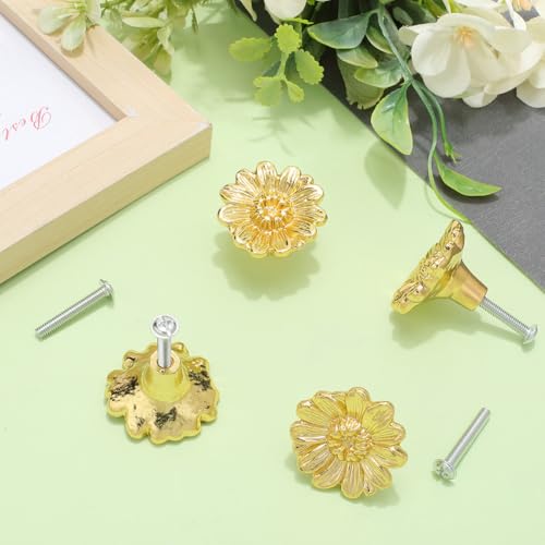 CREATCABIN 4 Set Vintage Gold Flower Drawer Knob Zinc Alloy Drawer Handles with Screw Drawer Pulls Replacement Accessories for Dresser Closet Cupboard Cabinet Door Knobs Kitchen Supplies 1.3x0.8in - Image 4