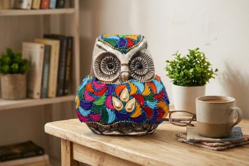 Image of Vintage Metal Owl Showpiece and Paper Weight Metal Handicraft Idol for Home Decor (Silver Stone)