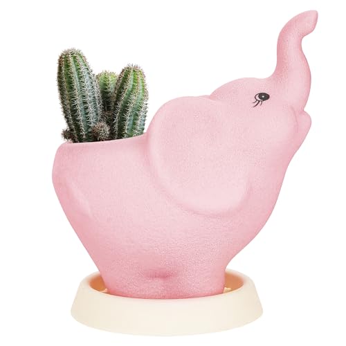 CAIRIAC Maceta de cerámica para suculentas, diseño de elefante, bonita maceta pequeña con platillo, agujero de drenaje para el hogar, oficina, escritorio, ventana, decoración, regalo, maceta rosa para