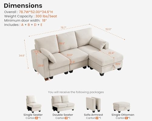 Image of CHIC HOUSE Modular Sectional Sofa with Storage Ottomans, Corduroy Cloud Couch for Small Spaces & Apartments, Reconfigurable L /U Shaped Convertible Corner Sofa, Beige, 4 Seater Sectional
