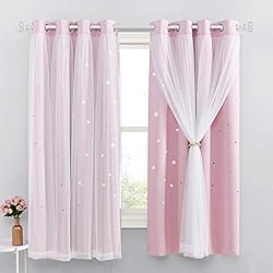 Cortinas Habitacion Bebe NICETOWN Cortinas Infantiles Niña Cortinas Opacas Termicas Aislantes Frio y Calor 2 Piezas Cortinas Ventanas Cortas Cortinas Dormitorio Niña Cortinas Estrellas con Ojales, 132x160 cm, Rosa Claro