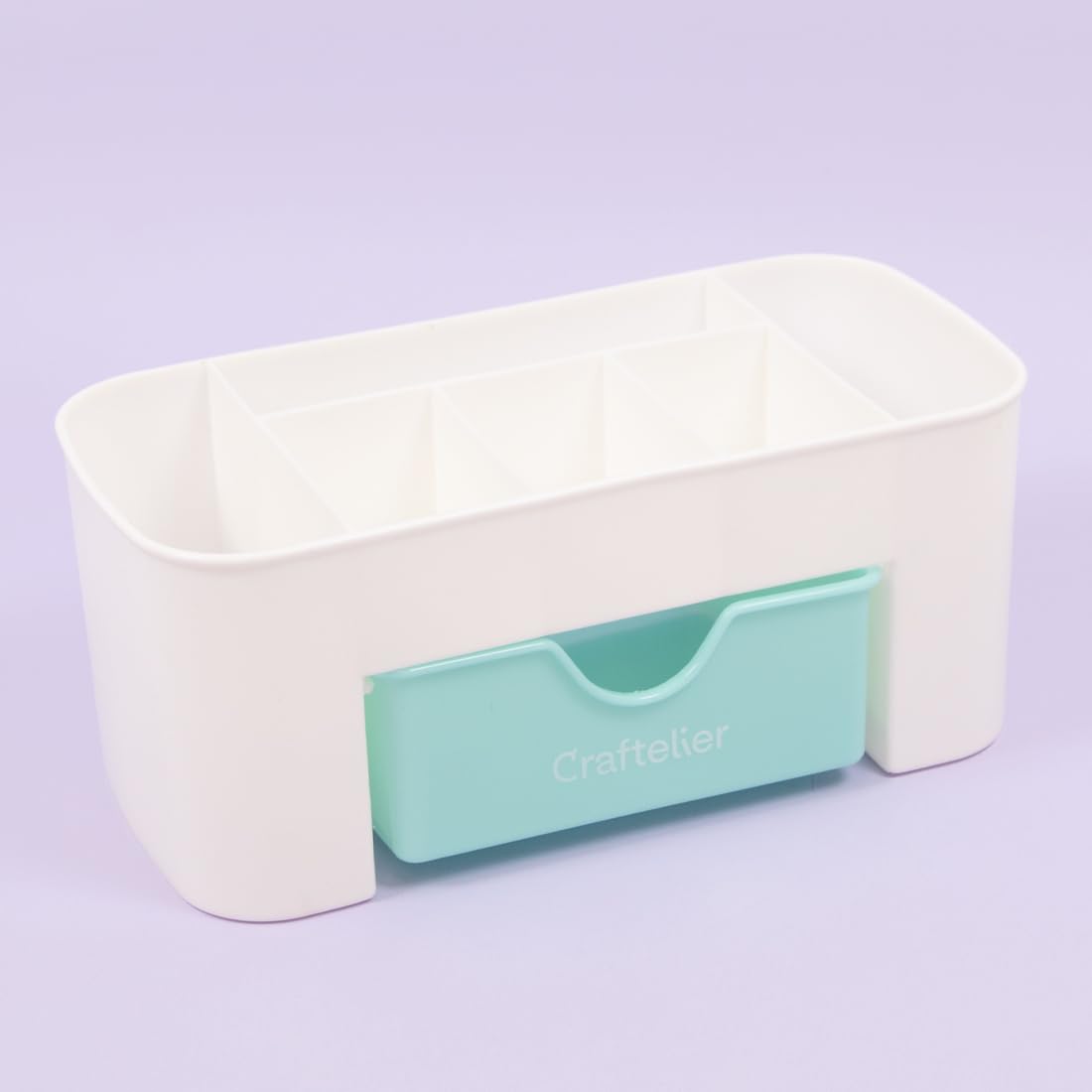 Craftelier - Desk Organizer with 5 Compartments of Different Sizes and a Small Drawer - Turquoise and White - Dimensions 20.5 x 10.5 x 9.7 cm (8.5 x 4.5 x 4.5 x 4.5 x 4.5 in.)