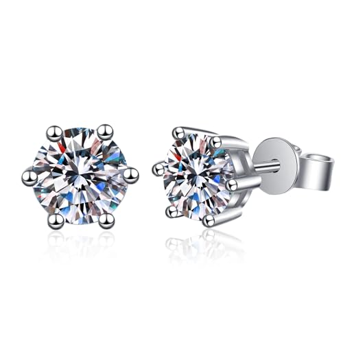Image of 925 Sterling Silver Stud Moissanite Earrings, 0.6-2ct DF Color Brilliant Round Cut Friction Back for Women & Men, 18K White Gold Plated GRA certified
