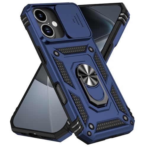 IPhone 17 Pro Max / 17 Pro/Air / 17 用 ケース, ミリタリーグレード耐衝撃 マグネット対応 360°回転リングスタンド付き スライド式カメラレンズ保護 スリムTPU+PCバンパー(Blue,17)