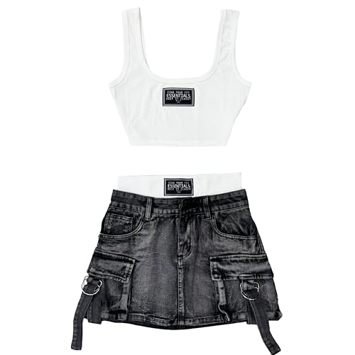 Women's Two-Piece Outfit Set, White Crop Tank Top with Black Cargo Denim Mini Skirt, Casual Summer Street Style