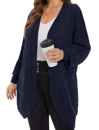 Image of MONNURO Womens Plus Size Open Front Cardigan Waffle Knit Long Sleeve Sweaters Tops Fall Coat Outerwear with Pockets