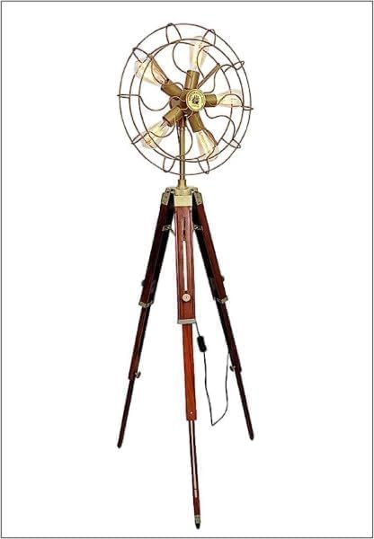 KS MART Vintage Tripod Fan Style Floor Lamp – Antique Brass Finish with Wooden Tripod Stand – Industrial Retro Edison Bulb Lighting Fixture – Decorative Standing Lamp for Living Room, Bedroom