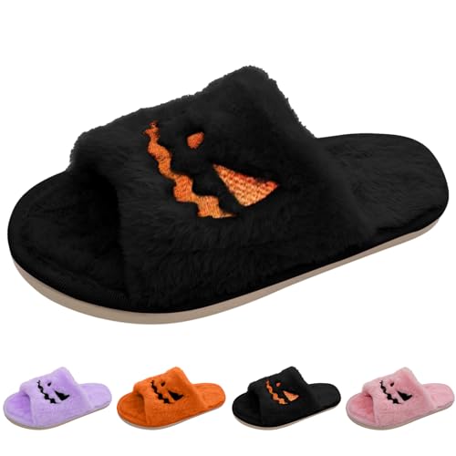 Halloween Slippers For Women 2025,Pumpkin Spooky Bat Slipper Women's Fuzzy Soft Plush Cozy Open Toe Warm Flat Shoes