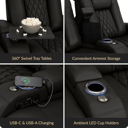 Image of Seatcraft Diamante Black Italian Leather Home Theater Seating, Zero Gravity Power Recliner Gaming and Home Office Chair, Powered Headrest Lounge Sofa Furniture for Cinema Room, Row of 5 Sofa
