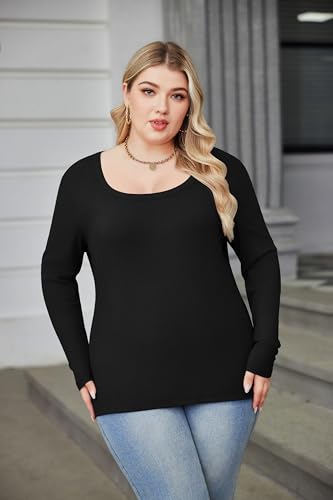 IN'VOLAND Plus Size Womens Long Sleeve Scoop Neck Ribbed Knit T-Shirt Fitted Casual Basic Tops4