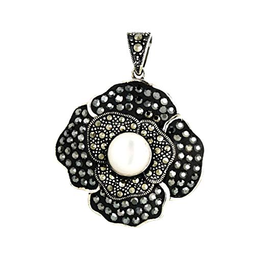 Sterling Silver Marcasite Crystal Pave Flower Fresh Water Pearl Pendant(Pendant)