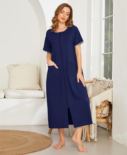 Image of Ekouaer Women Robe Zipper Short Sleeves Full Length House Coat with Pockets