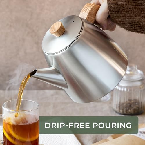 Image of WALDWERK Tea Pot with Infuser - Double Wall Stainless Steel Teapot - Tea Pot with Infuser for Loose Tea - Made from 304 Stainless Steel and Oak Wood - Isolated Teapot with Strainer - 100% Drip Free