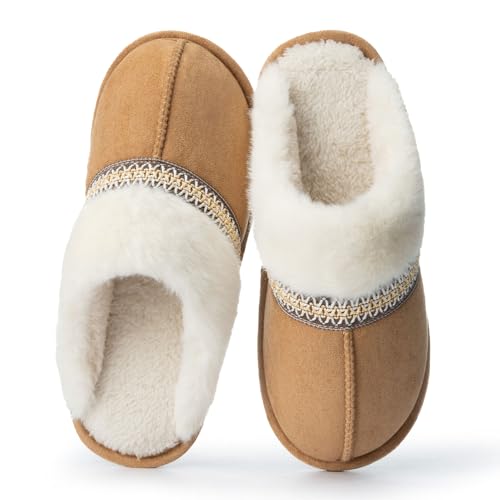 Fuzzy Slippers for Women with Memory Foam Warm Winter Suede House Slippers Indoor Outdoor Gifts For Women Faux Fur Anti-Skid