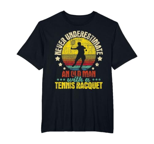 Never Underestimate an Old Man - Tennis Racket Sports Lover T-Shirt, Men's Big and Tall, Black, 6X Tall