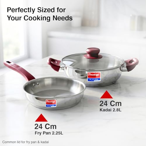 Prestige Stainless Steel 2 Pc Cookware Set with Glass Lid | Platina Popular | Fry Pan 24cm (2.25 L) | Kadai 24cm (2.8 L) | TRIPLY Base | Gas &... - Image 4