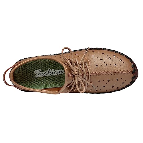 Image of Women'S Hollow Leather Lace Up Flat Loafers,Lightweight Breathable Casual Comfort Non-Slip Walking Shoes Handmade Beef Tendon Soft Sole Mom Nurse Shoes