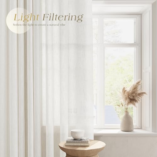 Image of Nanspring Cream Linen Curtains 102 Inches for Living Room 2 Panels Set Light Filtering Privacy Semi Sheer Extra Long Drapes Modern Elegant Cotton Textured Grommet Gauze Window Sheer Curtain 52x102