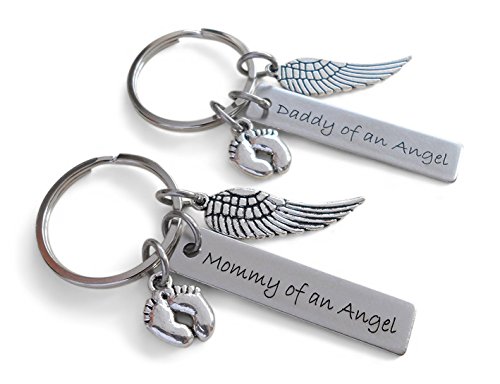 Set of 2 Keychains, Daddy of an Angel & Mommy of an Angel Engraved Baby Memorial Keychains, Wing & Baby Feet Charm