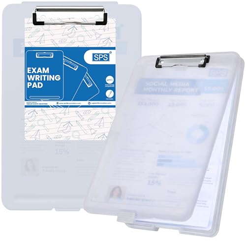 Image of SPS Exampad A4 Plastic Clipboard with Built-in Storage and Pen Holder - Ideal for School, Office, Travel - Perfect for Students and Professionals, School and Office - Translucent