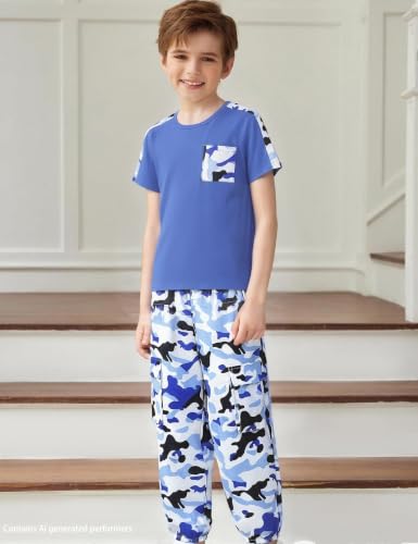 Image of mksodopy Boys Clothes Outfits Set, Camo Cargo Pants and Short Sleeve Pocket Tee 2PC Summer Tracksuit for Kids 5-16Y