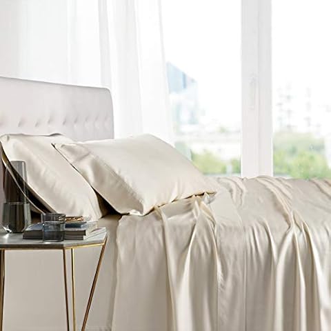 SKS Linen 100% Mulberry Silk Sheet Set - 22 Momme Grade 6A, 16-18 Inch Deep Pocket, Luxurious Bed Sheets for Ultimate Comfort,King-Ivory/Cream Cover