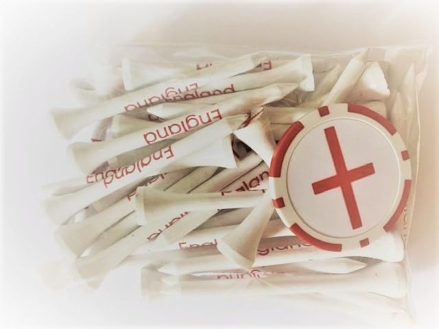 ORANGE BOOM England Printed Golf Tees plus St George Flag Poker Chip Ball Marker. 40 x Tees plus 1 x Ball Marker. UK SUPPLIER