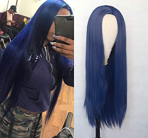 Dark Blue Wig for Women, Long Straight Synthetic Hair None Lace Wig with Middle Part for Women Daily and Cosplay Party 24 inch (Dark Blue)