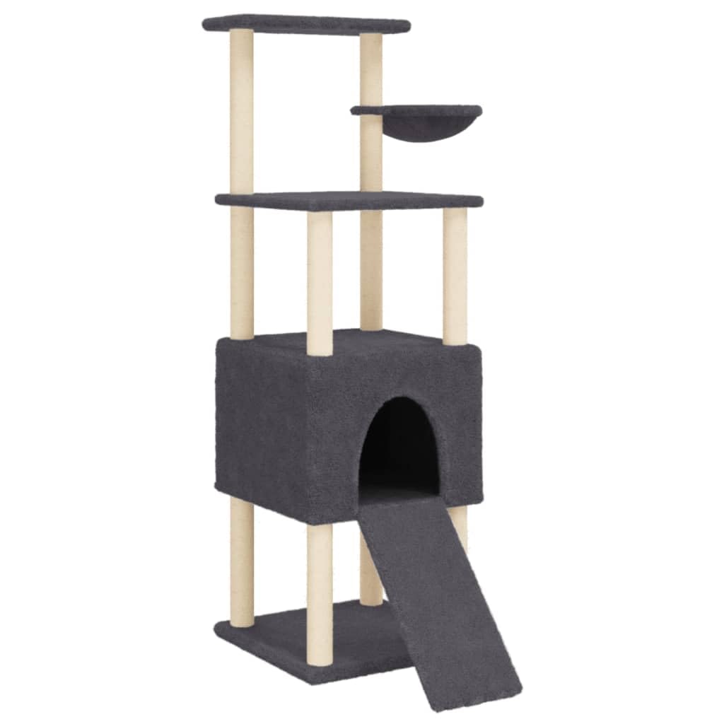vidaXL Cat Condo with Sisal Scratch Posts, Multi-Level Kitten Tower/Tree, Dark Grey, Soft Plush Climbing/Furniture, 92.5x71.5x153cm