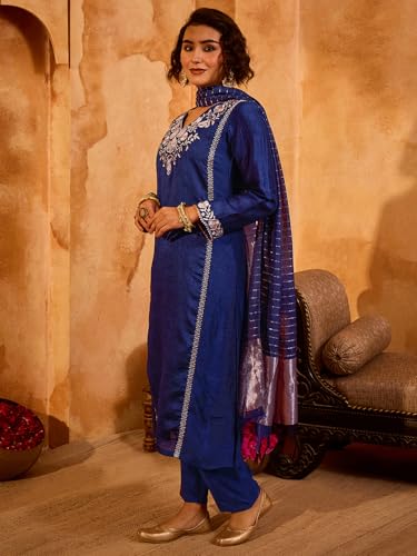 Image of Naixa Women's Viscose Silk Embroidered Straight Kurta with Pant | Viscose Jacquard Dupatta Set | Full Sleeve | V-Neck | Festive (Available in Plus Size)