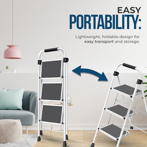 SIMPLI-MAGIC Step Ladder, 3 Step Stool Ergonomic Folding Step Stool with Wide Anti-Slip Pedal Sturdy Step Stool for Adults Multi-Use for Household, Kitchen，Office Step Ladder Stool (3 Step - White)