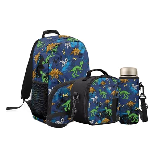 Funnydude Dinosaur Graphic Aesthetic Backpack with Lunch Box and Water Bottle Sleeve Girls Boys 3 in 1 Backpack Set2