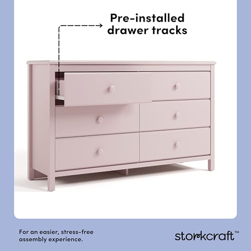 Image of Storkcraft Alpine 6-Drawer Dresser (Blush) - GREENGUARD Gold Certified, Pink Dresser for Bedroom, Kids & Nursery Storage Drawers, Safety Interlocking Drawers, Pre-Installed Tracks, Kids Bedroom