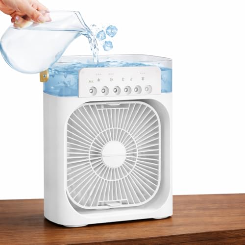 Lambent 𝟏𝟓-𝐘𝐞𝐚𝐫 𝐋𝐨𝐧𝐠-𝐋𝐢𝐟𝐞 𝐖𝐚𝐫𝐫𝐚𝐧𝐭𝐲 Mini Air Cooler, USB Personal Cooling Fan with Mist Spray, 3 Adjustable Speeds, LED Night Light, Compact Table Fan for Home Office.