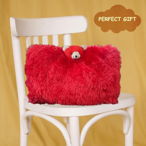 Image of Plush Teddy Bear Decorative Pillow, Red, Soft Furry Design