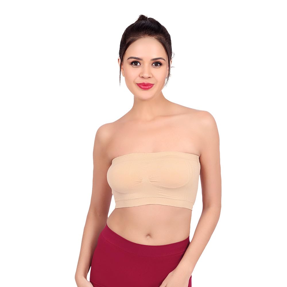 luella Women’s Strapless Bandeau Tube Bra | Non-Wired Seamless Bra with Removable Pads | Stretchy Cotton Spandex | Full Coverage Bra for Backless Dresses, Party, Everyday Wear | Free Size For (M - XL)-picture-11