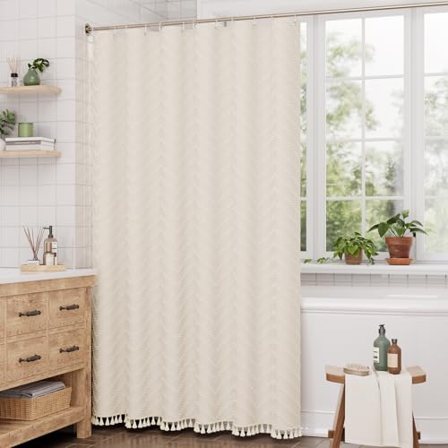 Image of AmazerBath Boho Farmhouse Shower Curtain with Tassels, Beige Shower Curtain Set Fabric, Soft Cloth Chevron Rustic Shower Curtain with Hooks, Hotel Quality, 72x72 Inches