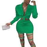 LuFeng Womens Satin Sexy Self Tie Front Long Sleeve 2 Piece Outfits Crop Top and Mini Bodycon Skirt Set (S, Green)