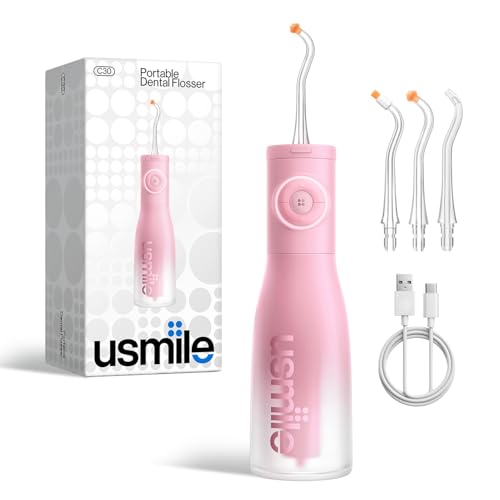 usmile C30 Cordless Water Flosser 300ml Large Tank 5 Pressure Levels Deep Clean S-Shaped Nozzles for Braces & Sensitive Gums USB-C Rechargeable IPX7 Waterproof Portable Travel & Home Use(Pink)