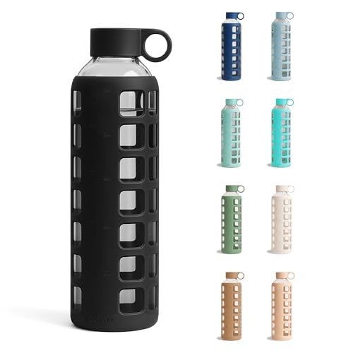 Image of purifyou 40oz / 32oz / 22oz / 12oz Borosilicate Glass Water Bottle with Time & Volume Markers, Silicone Sleeve, Stainless Steel Lid | Reusable Glass Bottle for Water & Juice (32oz Jet Black)