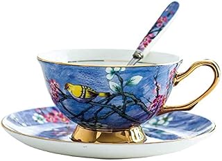Eplze® YBK Tech Euro Style Cup& Saucer Set, Bone China Teacup Coffee Cup for Breakfast Home Kitchen- Birds and Trees Patterns (Light Pink)