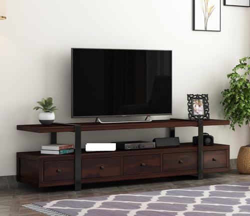 Image of Rustic Sheesham Wood & Metal TV Unit with 5 Drawers, 1 Shelf, and Storage for up to 70-inch TV - Perfect for Your Living Room (Henry, Walnut Finish)