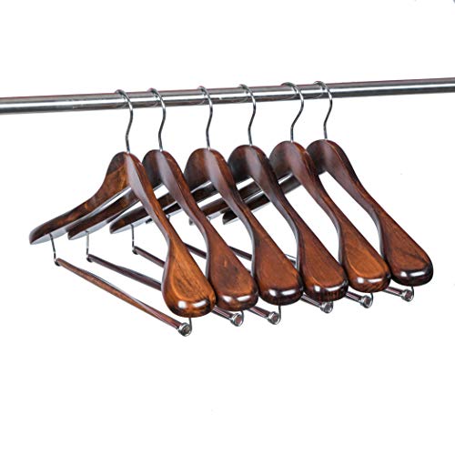 Luxury Wide Shoulder Wooden Hangers 6 Pack, With Locking Bar, Smooth Retro Finish Wood Suit Hanger Coat Hanger For Closet, Holds Up To 20Lbs, 360° Swivel Hook, For Jacket, Dress Heavy Clothes Hangers #TOP2