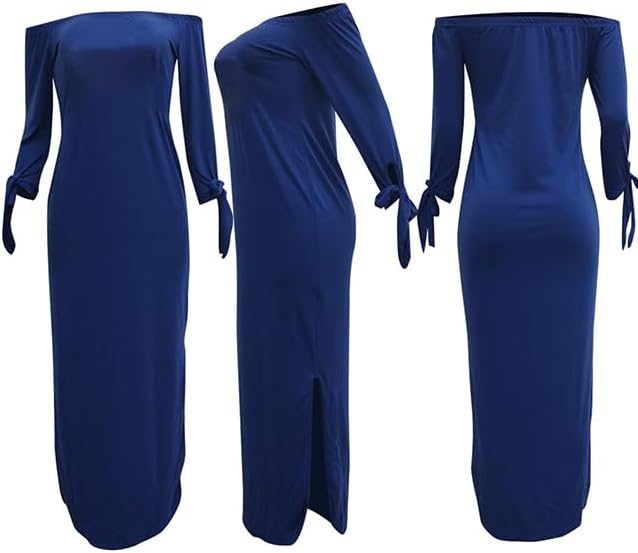 OLUOLIN Women's Casual Letter Print Off Shoulder Long Sleeve Bowknot Sides Slit Loose Long T-Shirt Maxi Dress - Image 4